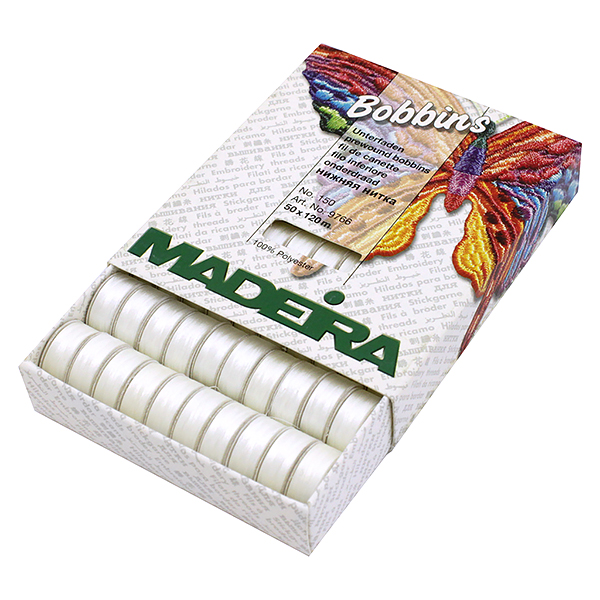 Нитки Madeira Bobbins №150 (120м на шпуле) 50 шт белые 