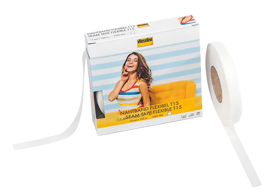 Лента клеевая тянущаяся тканевая Nahtband Flexible Клеевая эластичная лента для укрепления срезов, 15мм х 100м, белый