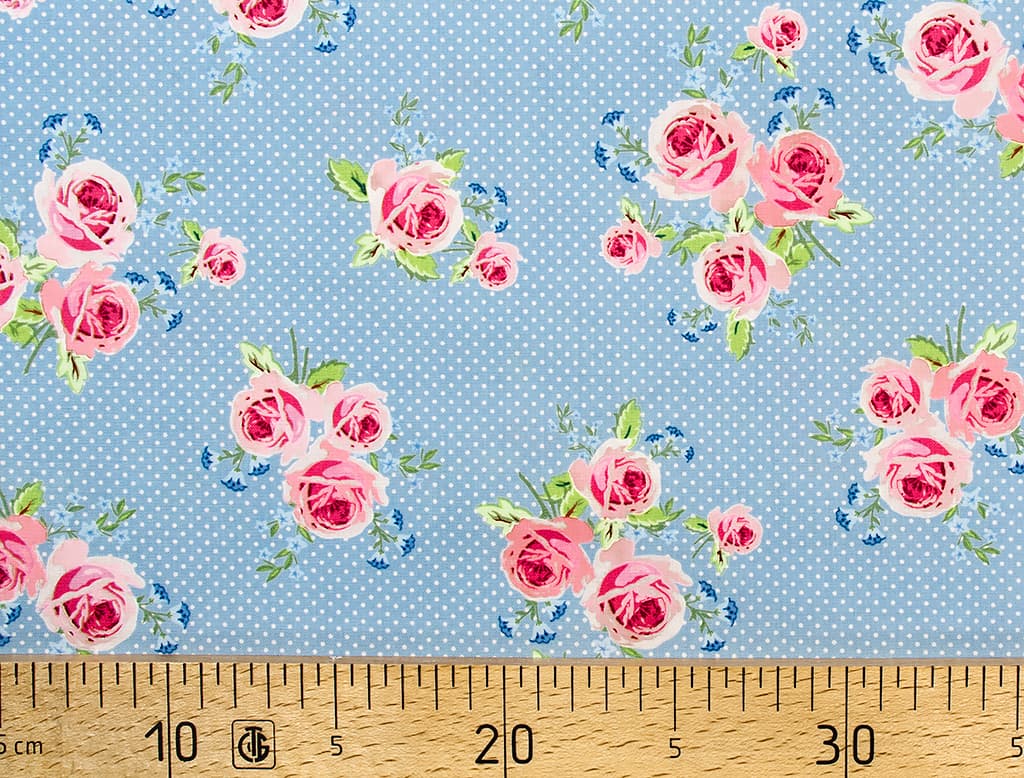 Ткань Gütermann Summer Loft (розы на голубом/белый мелкий горох)