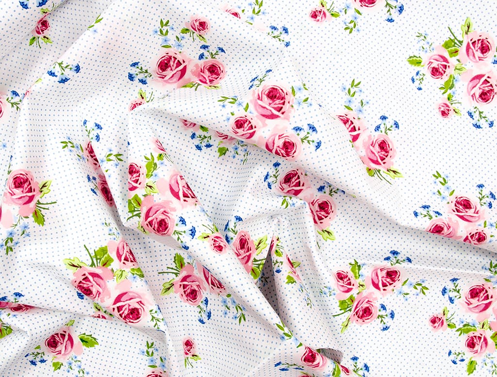 Ткань Gütermann Summer Loft (розы на белом/голубой мелкий горох) - №1