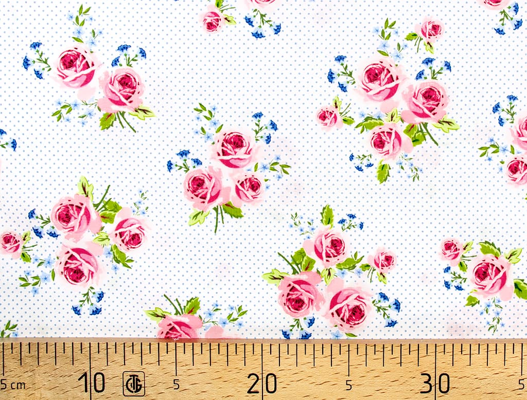 Ткань Gütermann Summer Loft (розы на белом/голубой мелкий горох)
