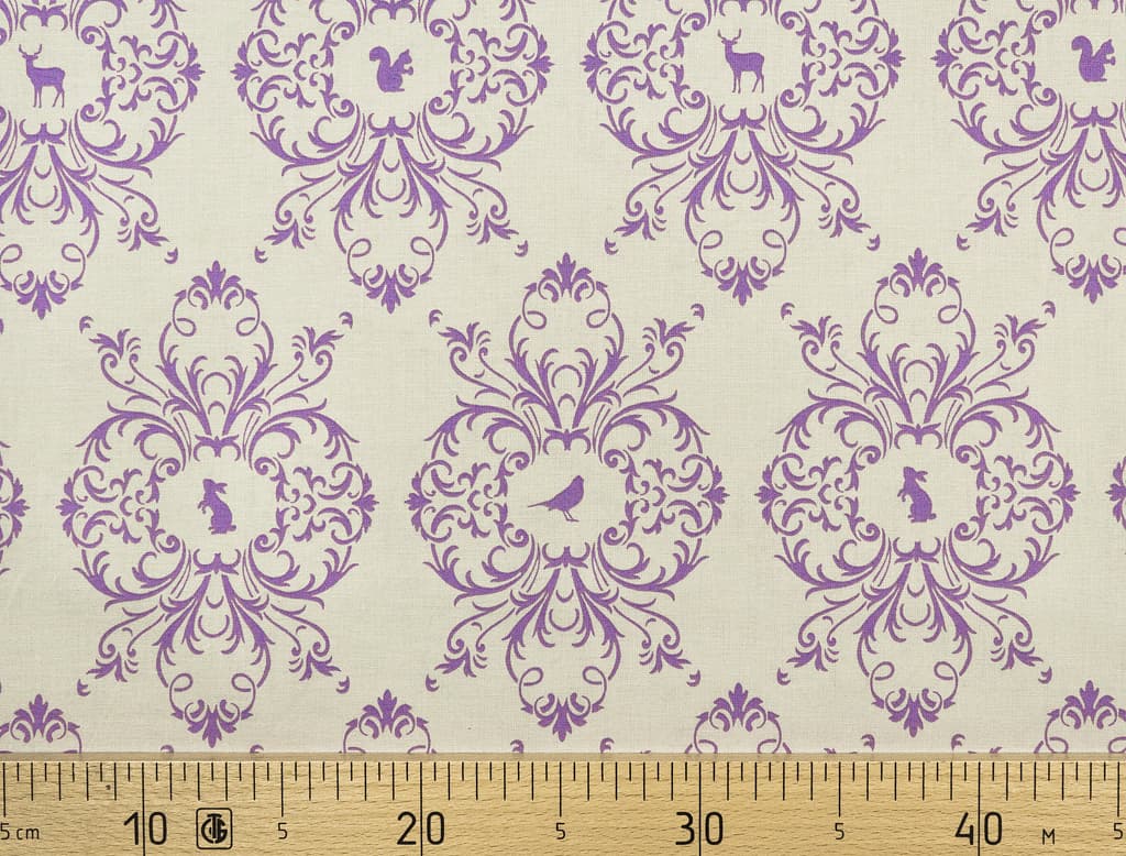 Ткань Gütermann French Cottage (сиреневые животные в орнаменте на серо-бежевом)