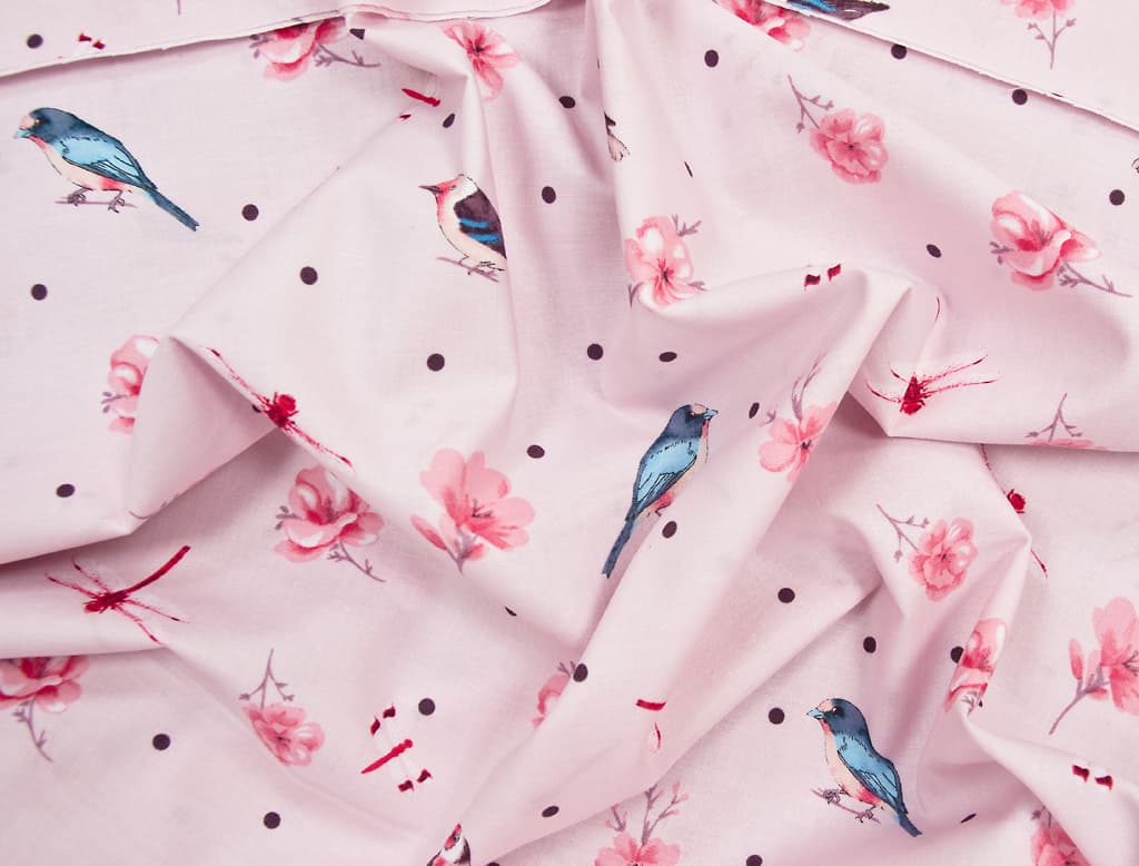 Ткань Gütermann Long Island (розовый/птицы, стрекозы, цветы) - №1
