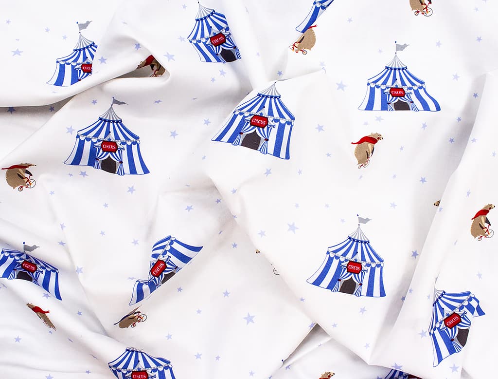 Ткань Gütermann Circus (синий цирк и медведь на велосипеде на белом) - №1