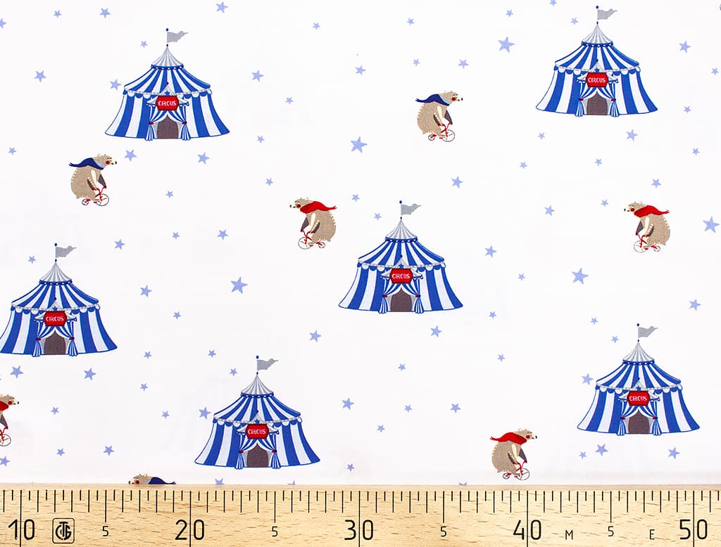 Ткань Gütermann Circus (синий цирк и медведь на велосипеде на белом)