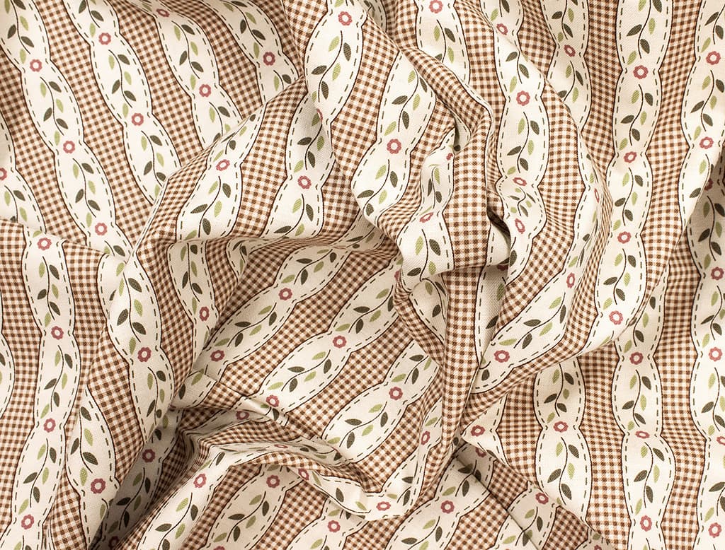 Ткань Gütermann Lizzy's Garden (коричневая мелкая клетка и цветы) - №1