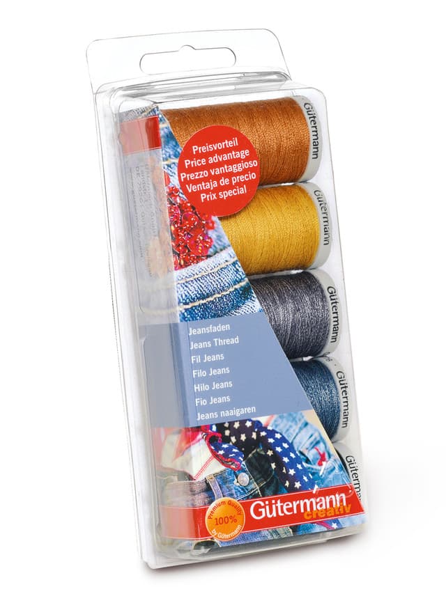 Суперпрочные и двухцветные нитки для джинсы. Полиэстер/хлопок Набор ниток Gütermann Jeans 5 катушек по 100 и 200м