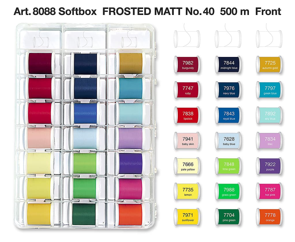 40 катушек Frosted Matt по 500м, шпульная нить и набор вышивальных игл №75 5 шт Большой набор матовых ниток Madeira Frosted Matt в пластиковой коробке - №1