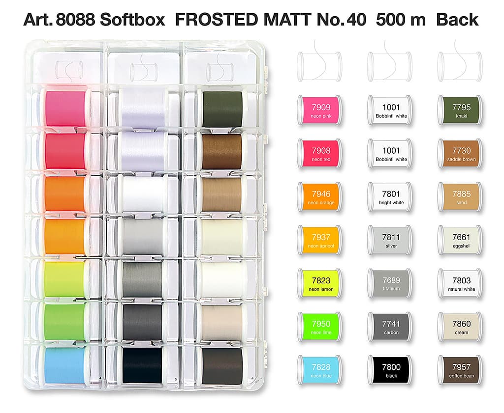 40 катушек Frosted Matt по 500м, шпульная нить и набор вышивальных игл №75 5 шт Большой набор матовых ниток Madeira Frosted Matt в пластиковой коробке - №2