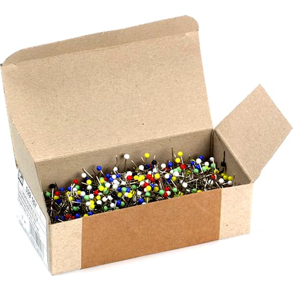 Булавки термостойкие с разноцветными стеклянными головками 30х0,6мм в коробке 100г