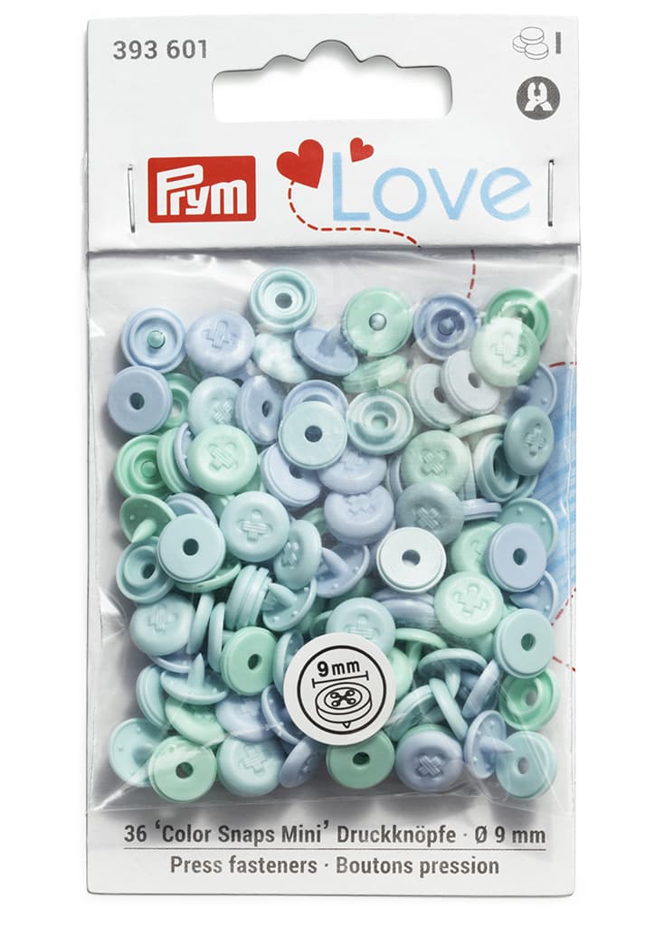 Кнопки Prym Love  "Color Snaps Mini" 9мм, круглые с имитацией стежка, голубые, мятные