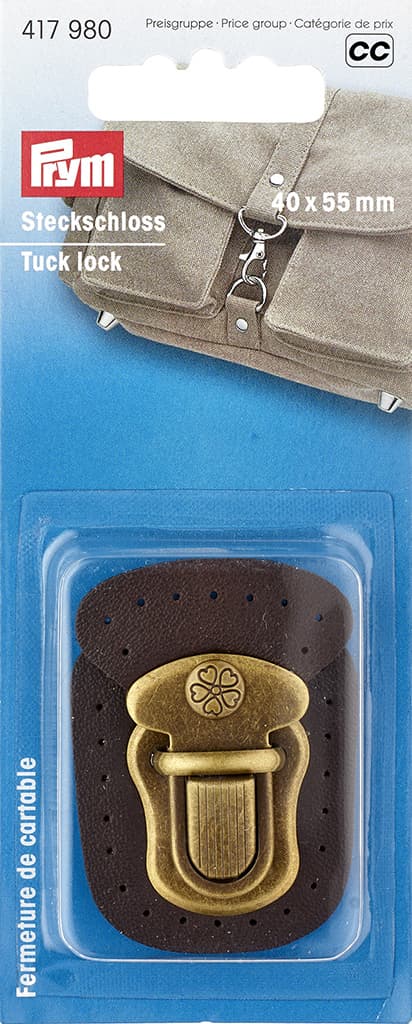 Портфельный замок для пришивания 40х55мм коричневая кожа и состаренная латунь