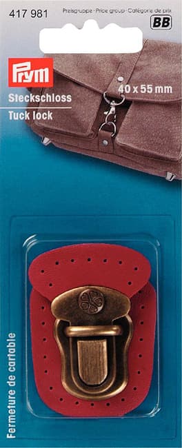 Портфельный замок для пришивания 40х55мм красная кожа и состаренная латунь