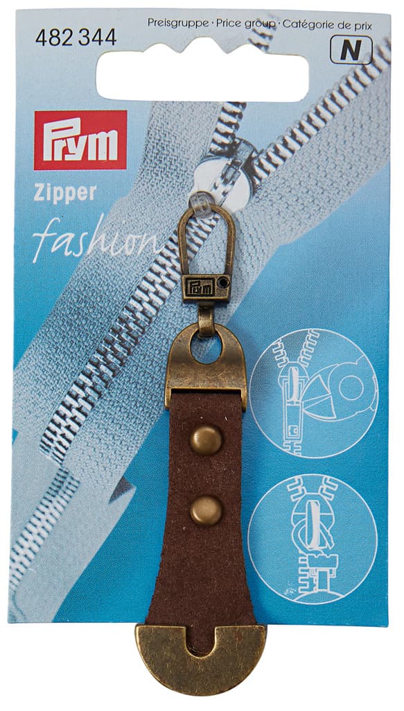 Язычок для молнии с карабином кожаный коричневый с металлом