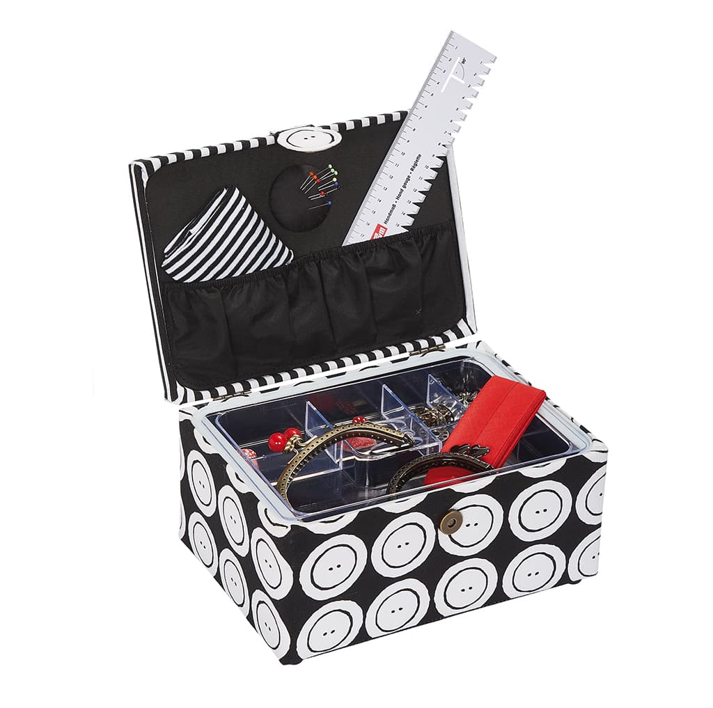 Шкатулка, обтянутая тканью, прямоугольная (26х19х14), черная с пуговицами - №2