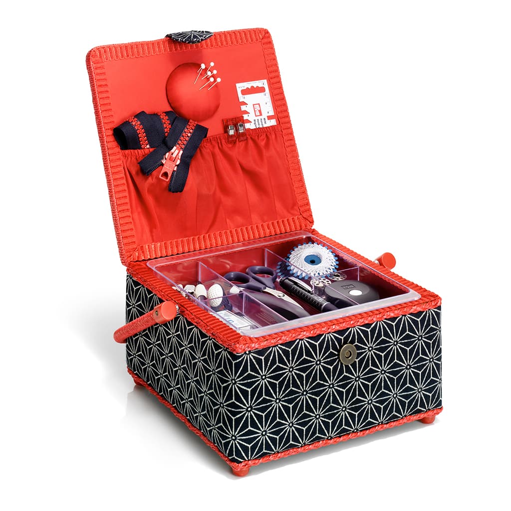 Шкатулка, обтянутая тканью, квадратная (23х23х14), темно-синяя с узором из объемных звезд - №1