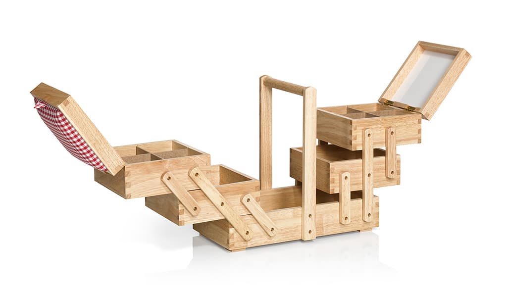 Шкатулка для рукоделия M (36х19х30), дерево светлое, крышка с тканью - №1