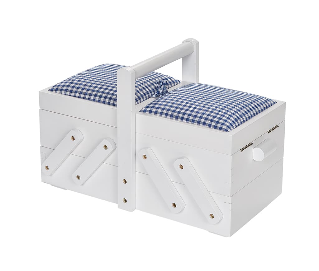 Шкатулка для рукоделия S (36х19х23), дерево, белая, крышка с тканью - №1