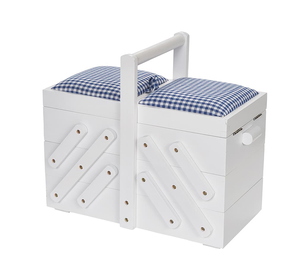 Шкатулка для рукоделия M (36х19х30), дерево, белая, крышка с тканью - №1