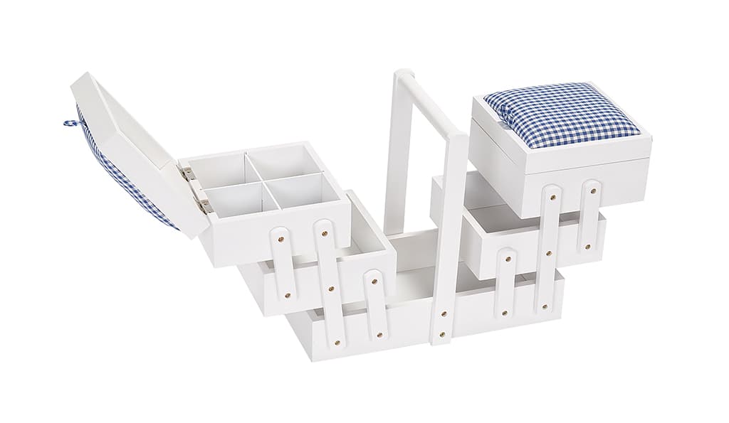 Шкатулка для рукоделия M (36х19х30), дерево, белая, крышка с тканью - №2