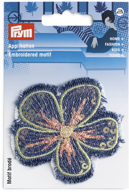 Аппликация Цветок джинсовый с пайетками 70мм