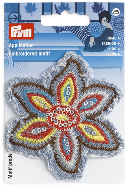 Аппликация Цветок джинсовый с разноцветной вышивкой 85мм