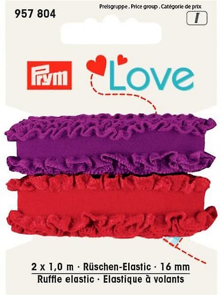 Эластичная лента с рюшами Love 16мм 2х1м, красный/сиреневый