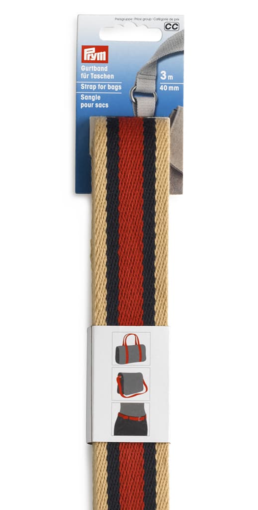 Лента-ремень для сумок 40мм х 3м бежевая, синяя, красная полоска