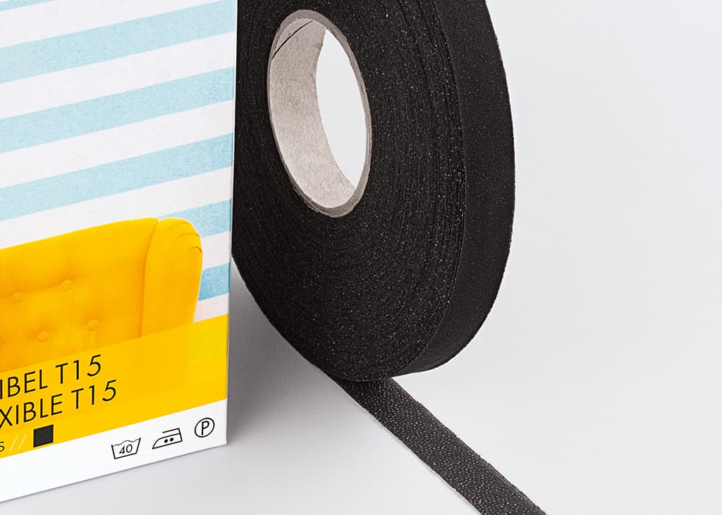 Лента клеевая тянущаяся тканевая Nahtband Flexible Клеевая эластичная лента для укрепления срезов, 15мм х 50м, черный - №1