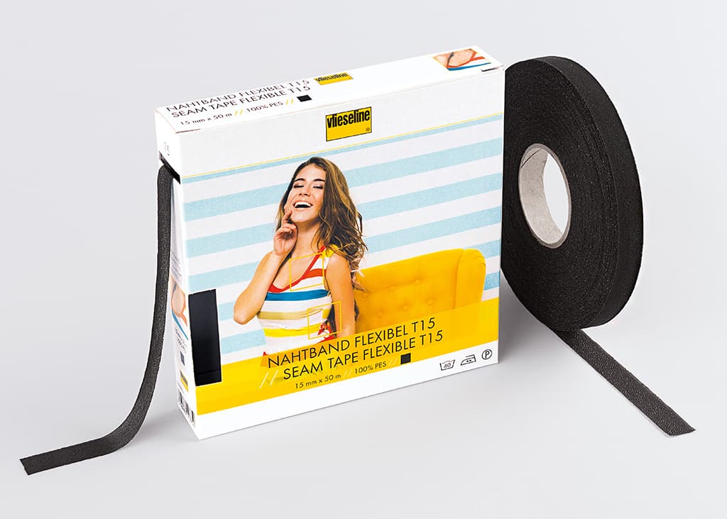Лента клеевая тянущаяся тканевая Nahtband Flexible Клеевая эластичная лента для укрепления срезов, 15мм х 50м, черный