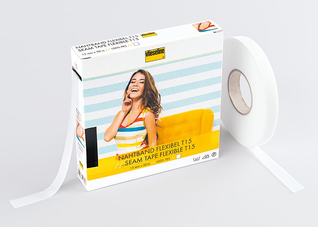 Лента клеевая тянущаяся тканевая Nahtband Flexible Клеевая эластичная лента для укрепления срезов, 15мм х 50м, белый