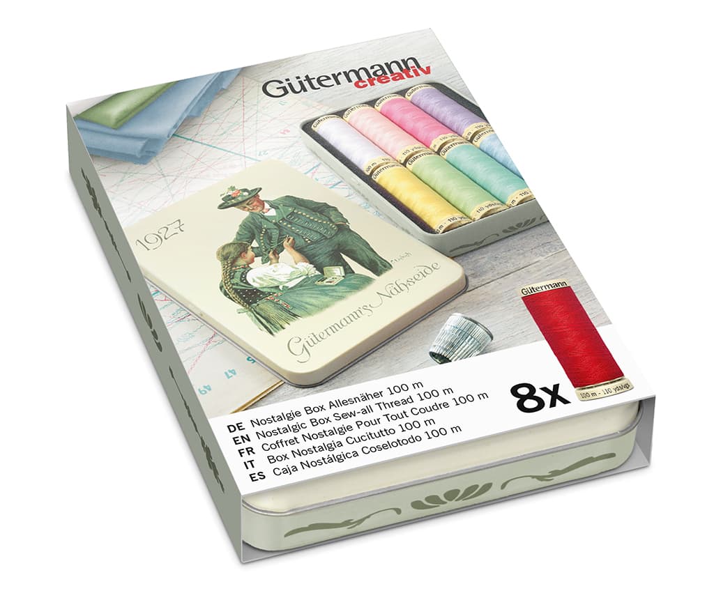 Универсальные нитки. 100% полиэстер Набор ниток Gütermann Sew All 8 катушек по 100м (пастельные тона), серия Nostalgic в жестяной коробке