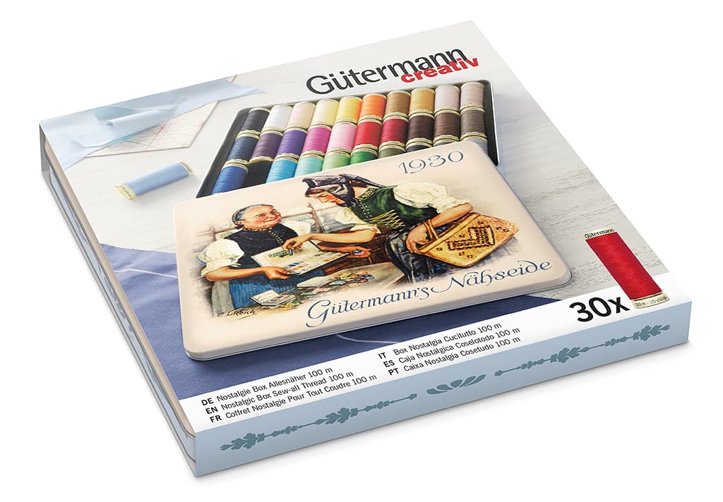 Универсальные нитки. 100% полиэстер Набор ниток Gütermann Sew All 30 катушек по 100м, серия Nostalgic в жестяной коробке