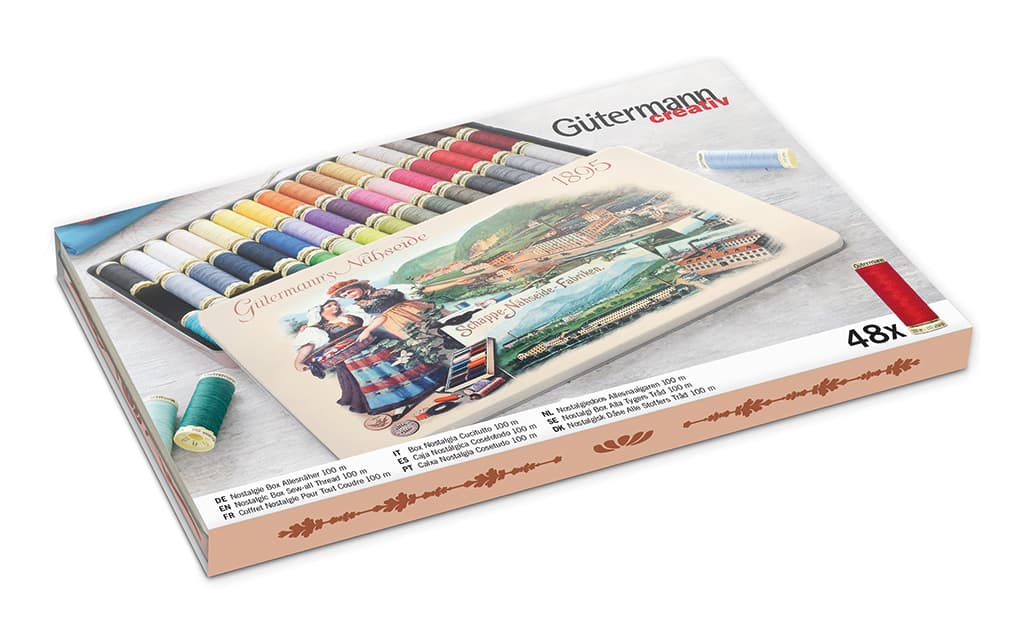 Универсальные нитки. 100% полиэстер Набор ниток Gütermann Sew All 48 катушек по 100м, серия Nostalgic в жестяной коробке