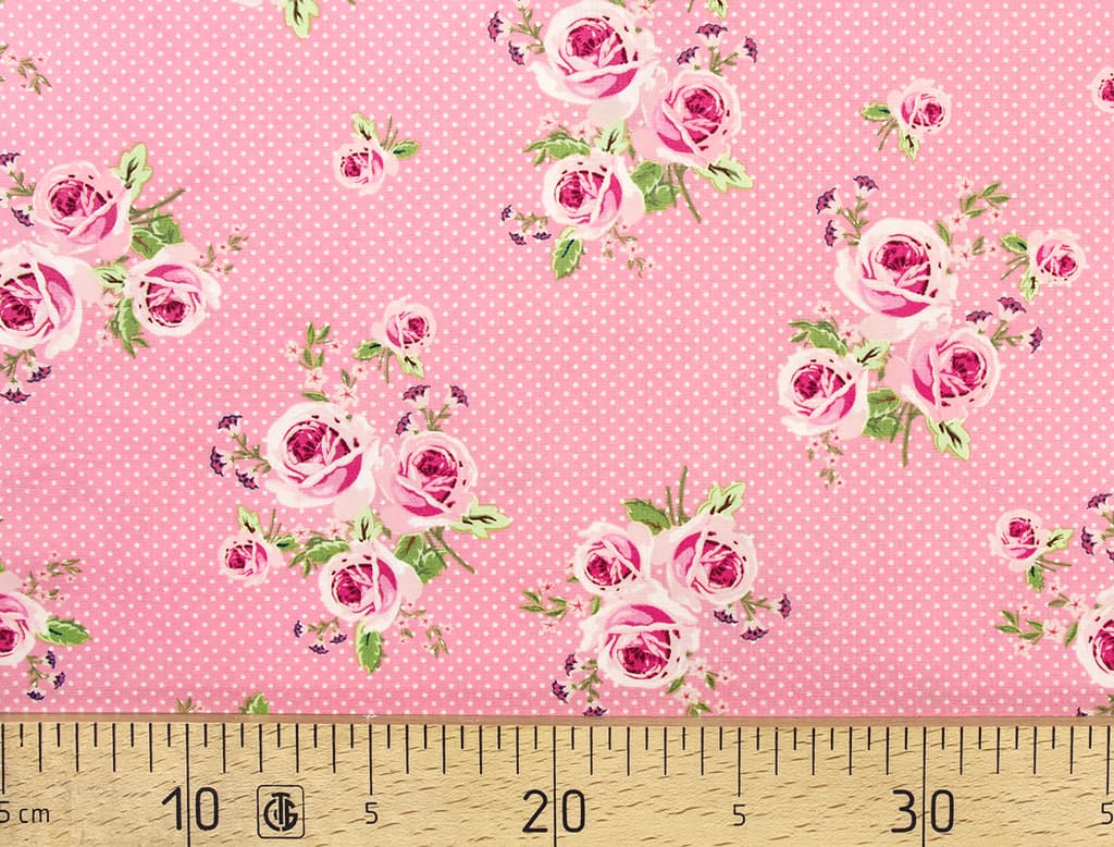Ткань Gütermann Summer Loft (розы на розовом/белый мелкий горох)