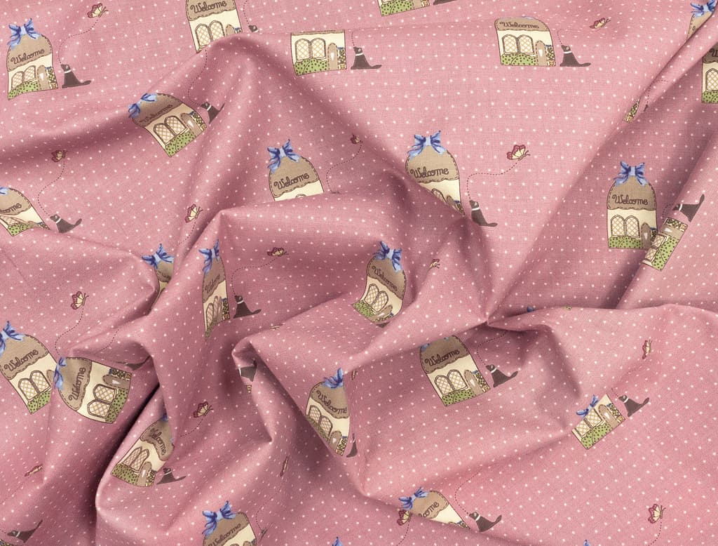 Ткань Gütermann Country Chic Cottage (домик с собакой на темно-розовом) - №1