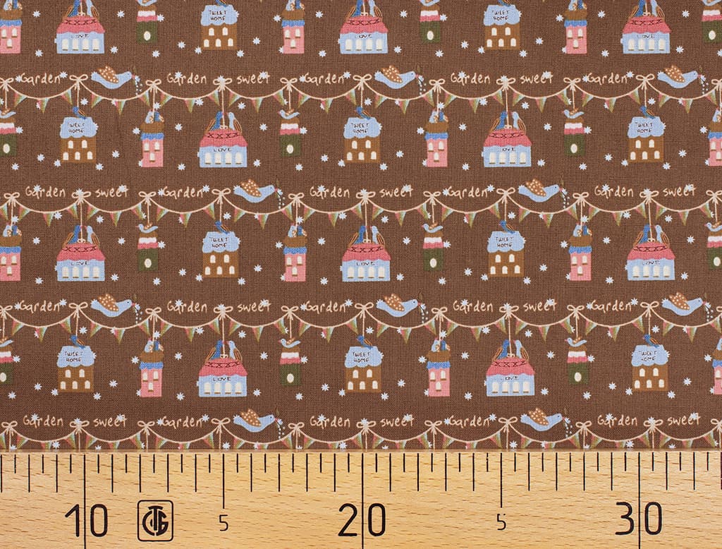 Ткань Gütermann Lizzy's Garden (домики на коричневом)