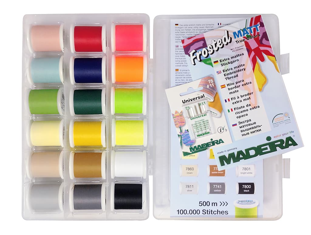 18 катушек Frosted Matt по 500м и набор вышивальных игл №75 5 шт Набор матовых ниток Madeira Frosted Matt в пластиковой коробке - №1
