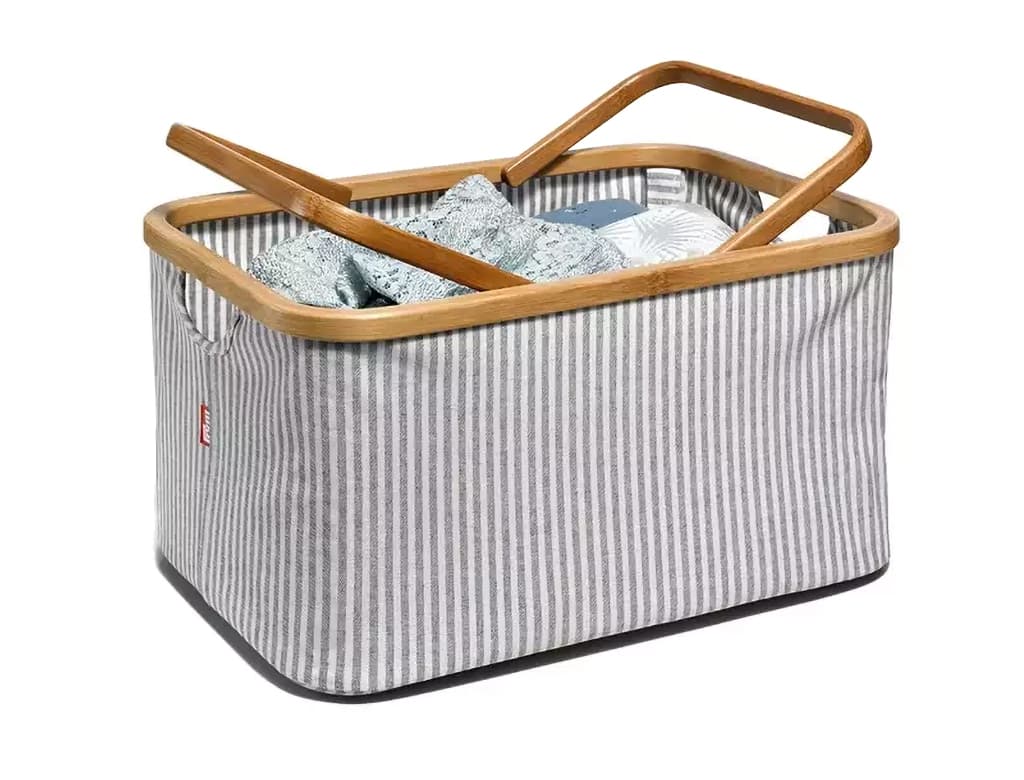 Корзина складная (45х30х22), ткань/бамбук, серая полоска