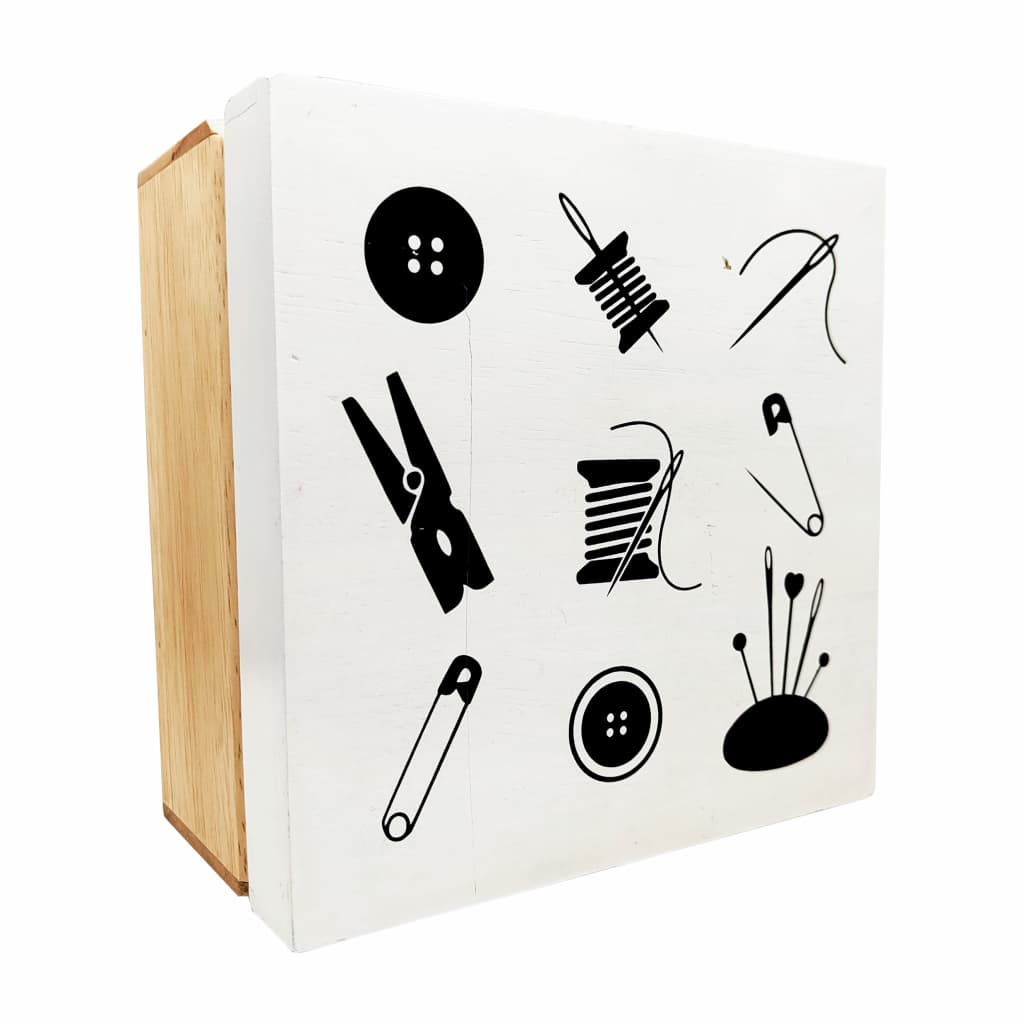 Коробка для аксессуаров S (18х18х10), дерево светлое/мотив "Шитье" - №2