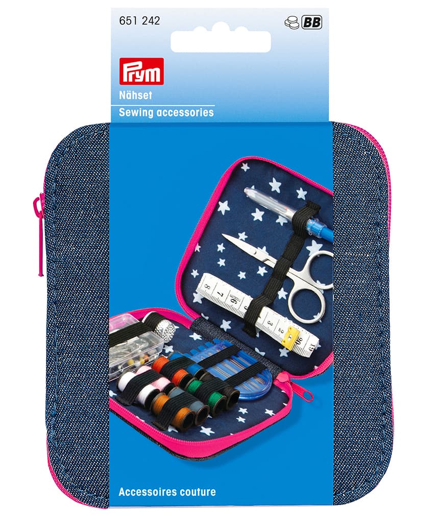 Дорожный швейный набор, джинс/розовая молния