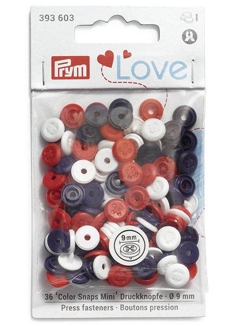 Кнопки Prym Love  "Color Snaps Mini" 9мм, круглые с имитацией стежка, белые, красные, фиолетовые 