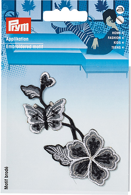 Аппликация Цветок с бабочкой, черный/белый 